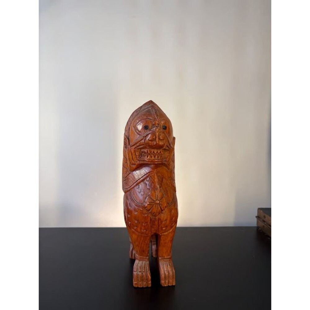 Carved Wood Guardian Lion Shishi Foo Dog Standing Figure Curled Tail 10 in